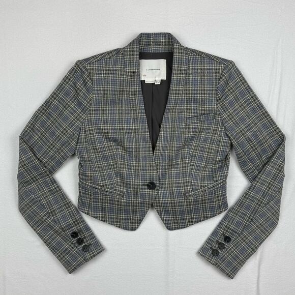 ANTHROPOLOGIE Women's 0 Cropped Knit Tuxedo Jacket Blazer Gray Blue Plaid Button - Picture 1 of 12